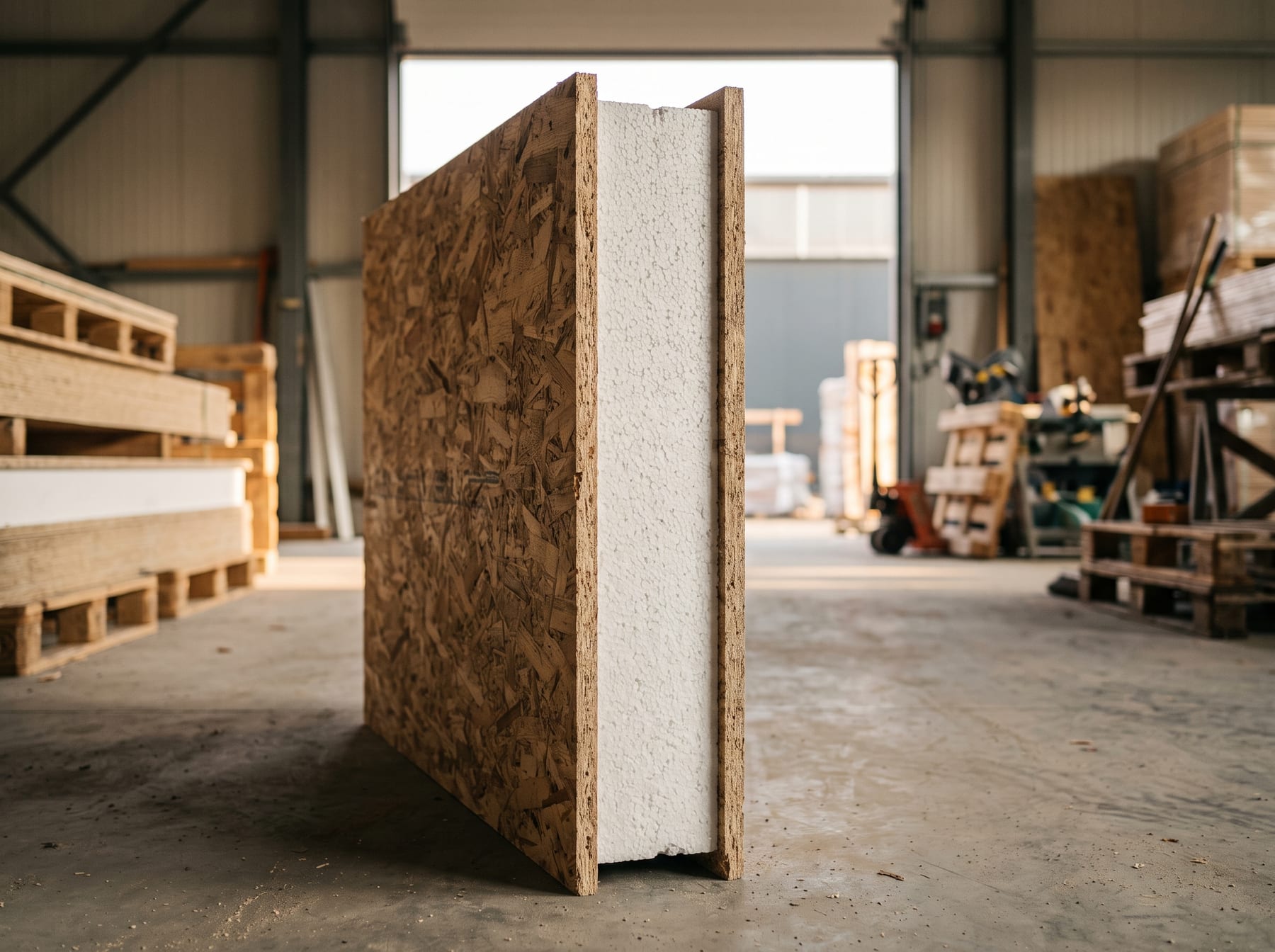 Panel estructural aislado: dos caras de OSB con núcleo de poliestireno expandido.